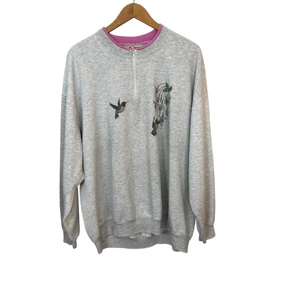 Morning Sun Woman Sweatshirt 3X Gray Pink Granny Hummingbird Flowers Cottage - Picture 1 of 8